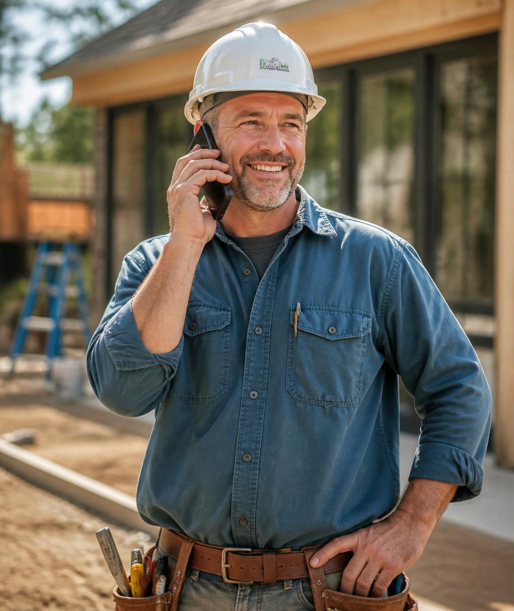 Contractor smiling while answering a call at a job site